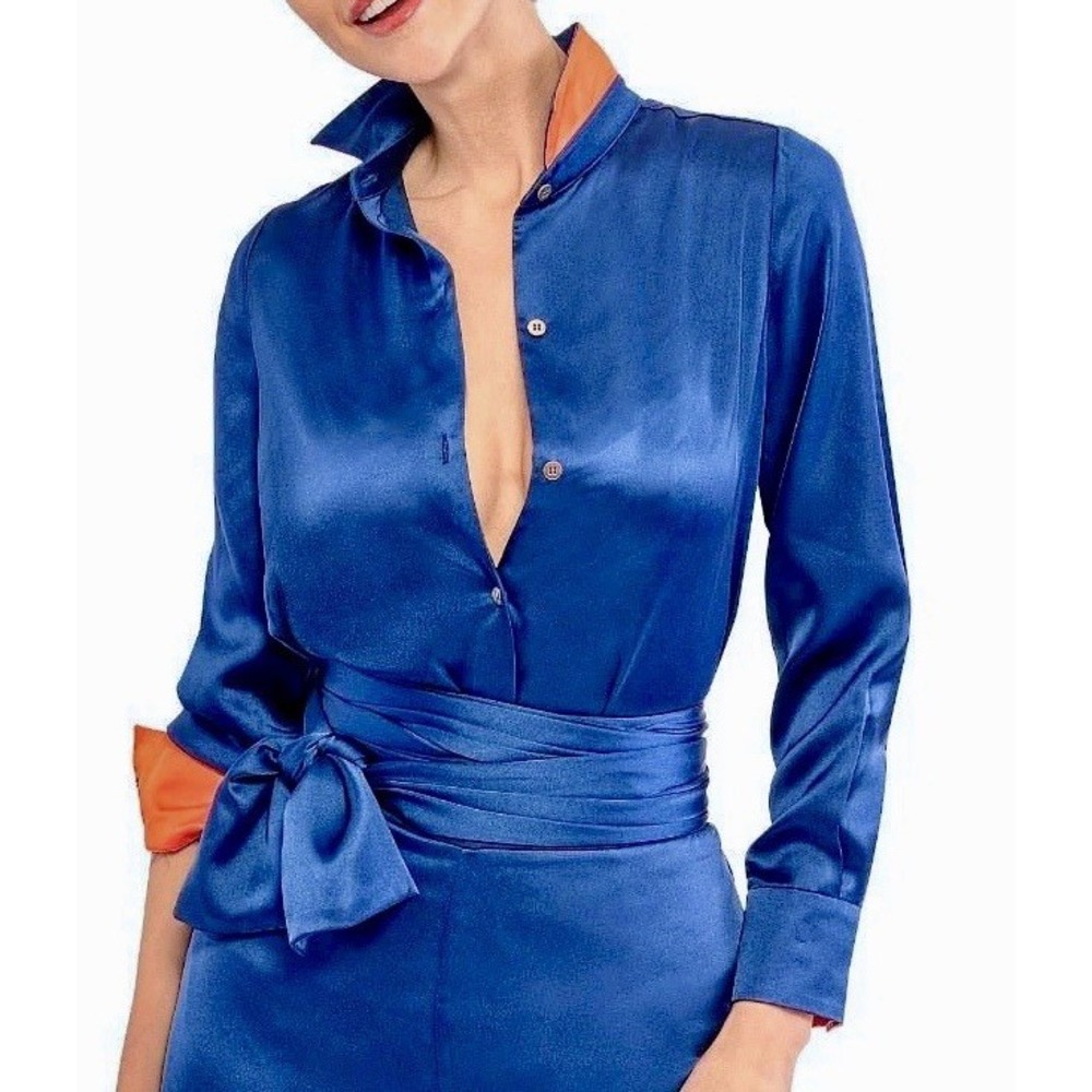 Gretchen Scott Mix Master Solid Navy Satin Button Front Blouse XL